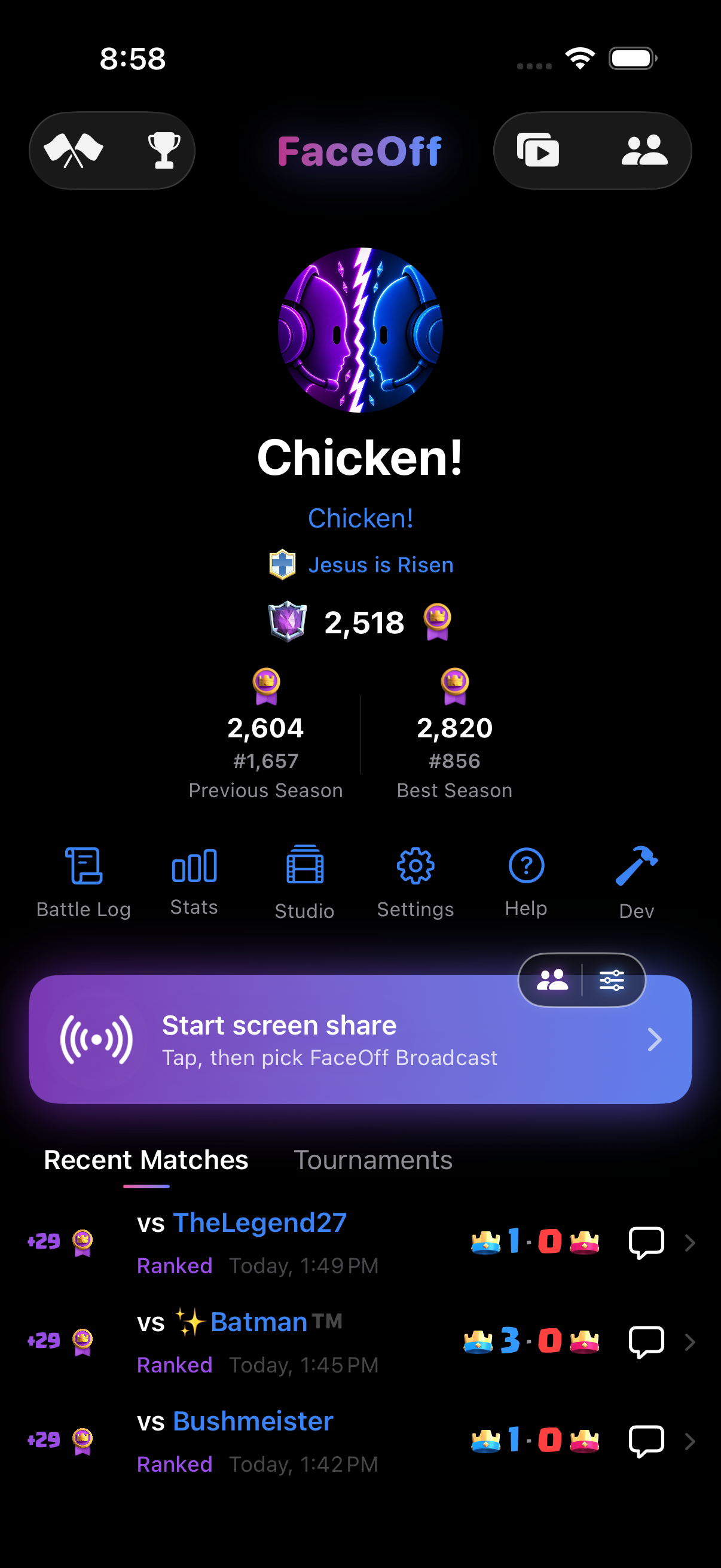 FaceOff iOS home screen with profile, screen sharing, and recent matches