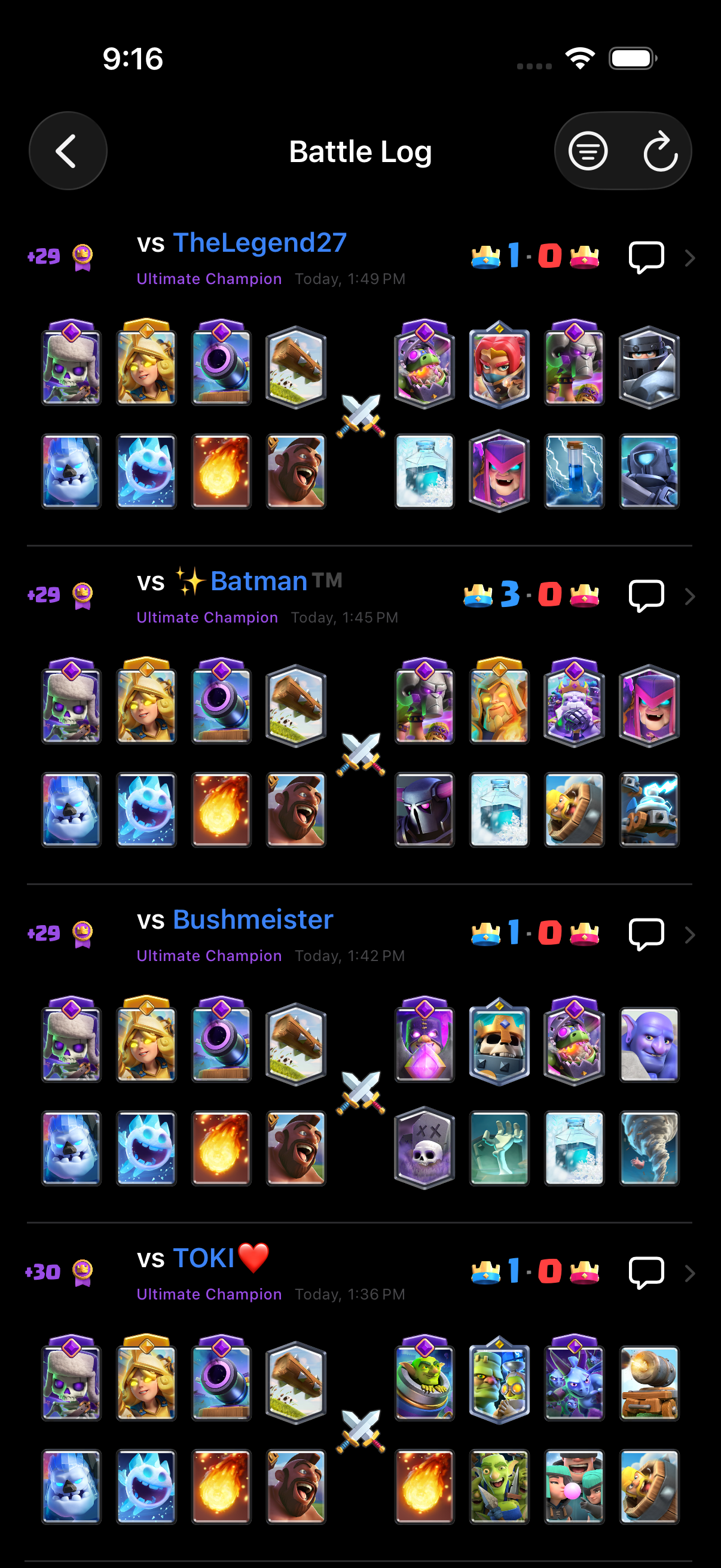 FaceOff iOS Battle Log with match results and player decks