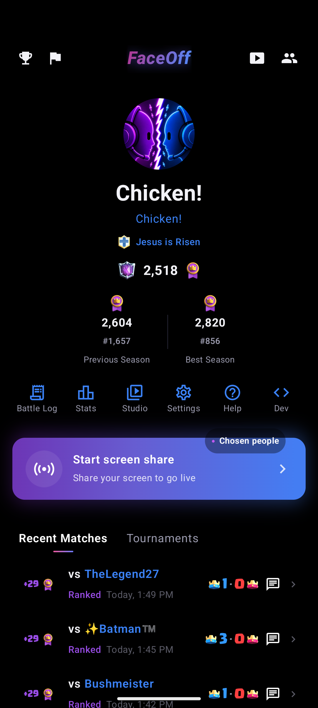 FaceOff Android home screen with profile, screen sharing, and recent matches