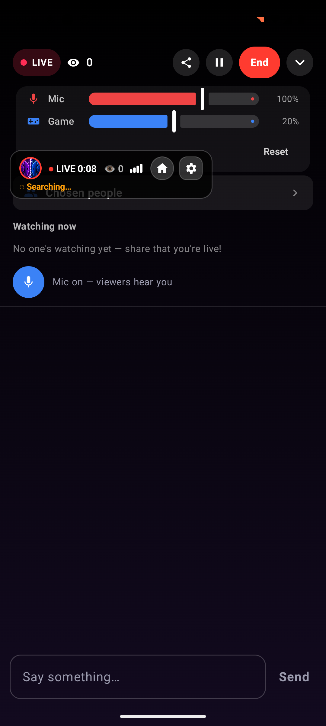 FaceOff Android emulator during a live broadcast with audio controls and chat